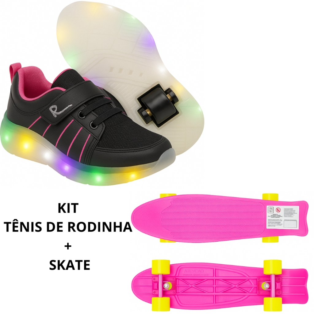 Kit Tênis Infantil Menina Com Rodinha De Led + Skate Infantil