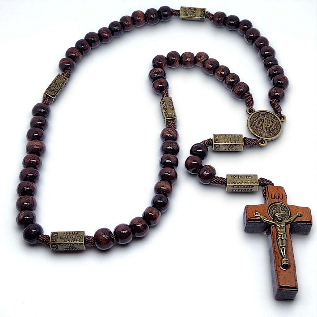 Terço Luxo São Bento Madeira Envernizada Rosário Para Pescoço Rezar em Oferta na Shopee