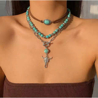 Kit Colar Turquesa Boho Country Western Couro Prata Envelhecida. Choker Pingente Boi. Maxi Colar Feminino Moda Tendência