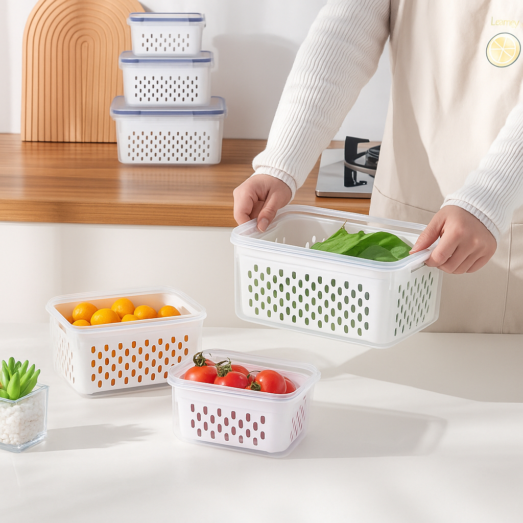 Conjunto 3  Potes Organizador de Geladeira Com Escorredor Cesto Tampa Multiuso Alimentos Verduras