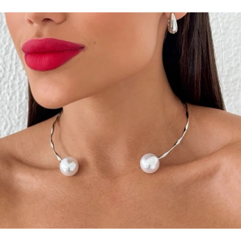 Choker Feminina com Pérola – Folheada a Ouro 18k e a prata 925 Aro Ondulado Moderno colar feminino elegante