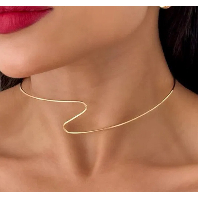 Colar Aro Feminino Ondulado  Folheado a Ouro 18k  | Colar Rígido Moderno Elegant