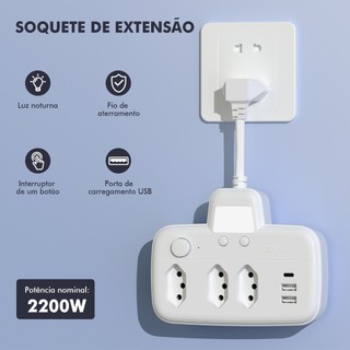 COIBEU Tomada de extensão com tomada + USB + tomada Tipo-C, cofre e anti-choque elétrico 10 cm