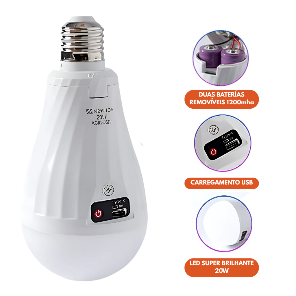 Lâmpada Led 20W de Emergência Recarregável Portátil Camping Pescarias Luz Branca Fria Potente