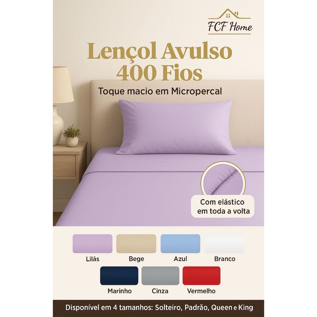 Lençol Com Elástico Avulso Micropercal 400 Fios Toque Macio Acetinado Solteiro Casal Queen King Liso