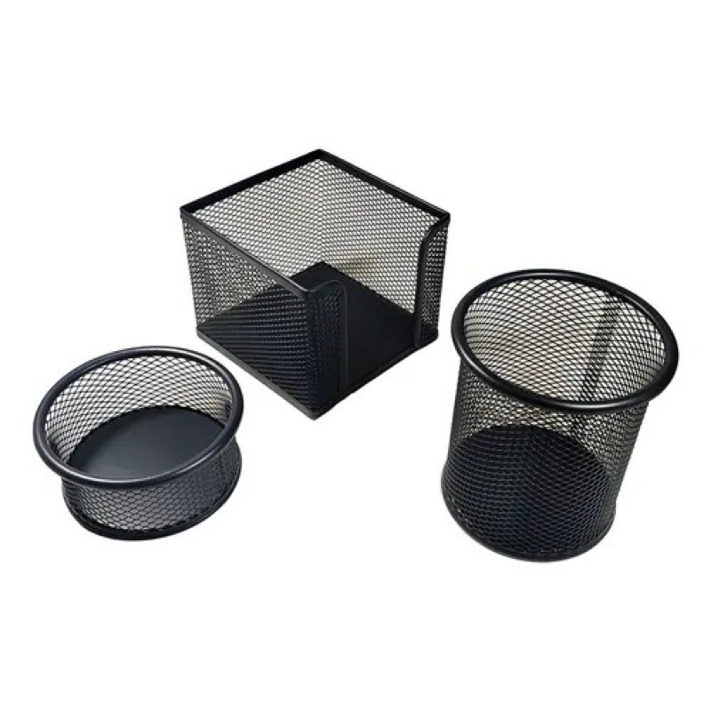 Kit Organizador de Mesa Preto 3 pecas Metal Telado–Porta treco Canetas,Clips Bloco-Kit mesa Escritório Organizador