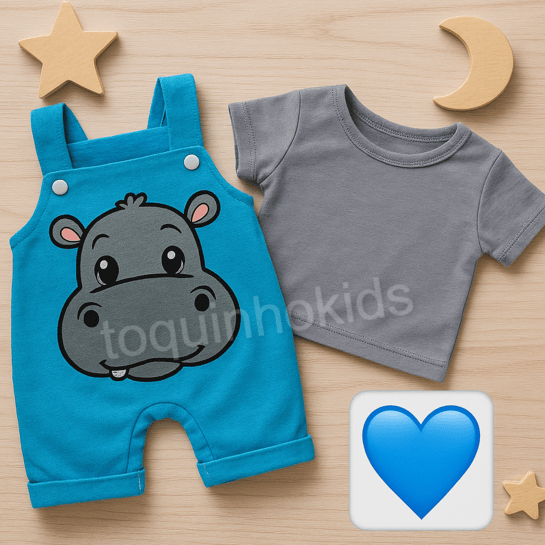 Jardineira + Camisa de bebê menino temática hipopótamo  fofa 3 a 6 meses verão calor passeio em Oferta na Shopee