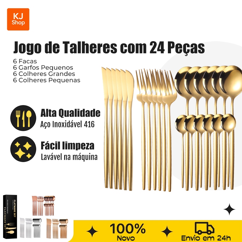 Novo Kit 24 Peças Talheres Dourado Aço Inox 416 para Festas, Casa e Restaurantes Garfo, Colher, Faca