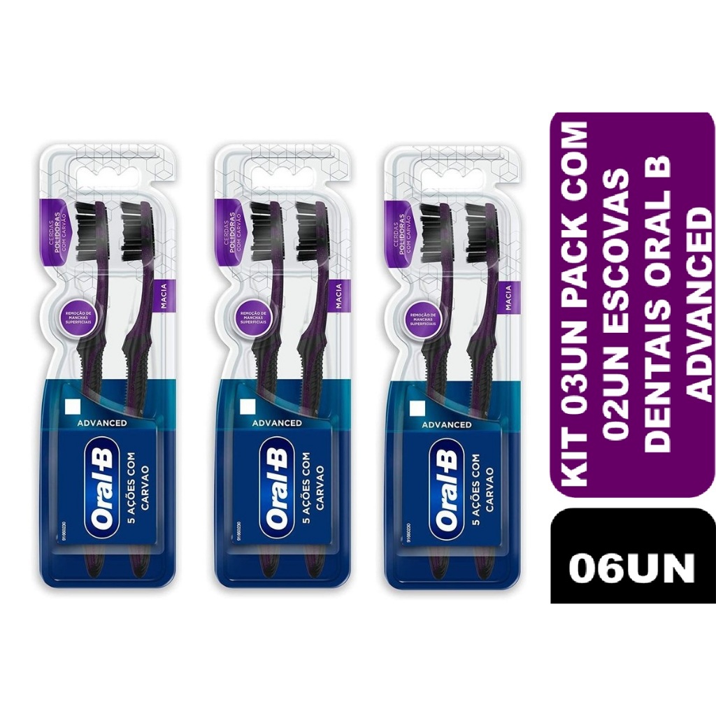 Kit 03 Packs Escova Dental Oral-B 5 Ações Com Carvão Advanced Macia com 02un (cada)