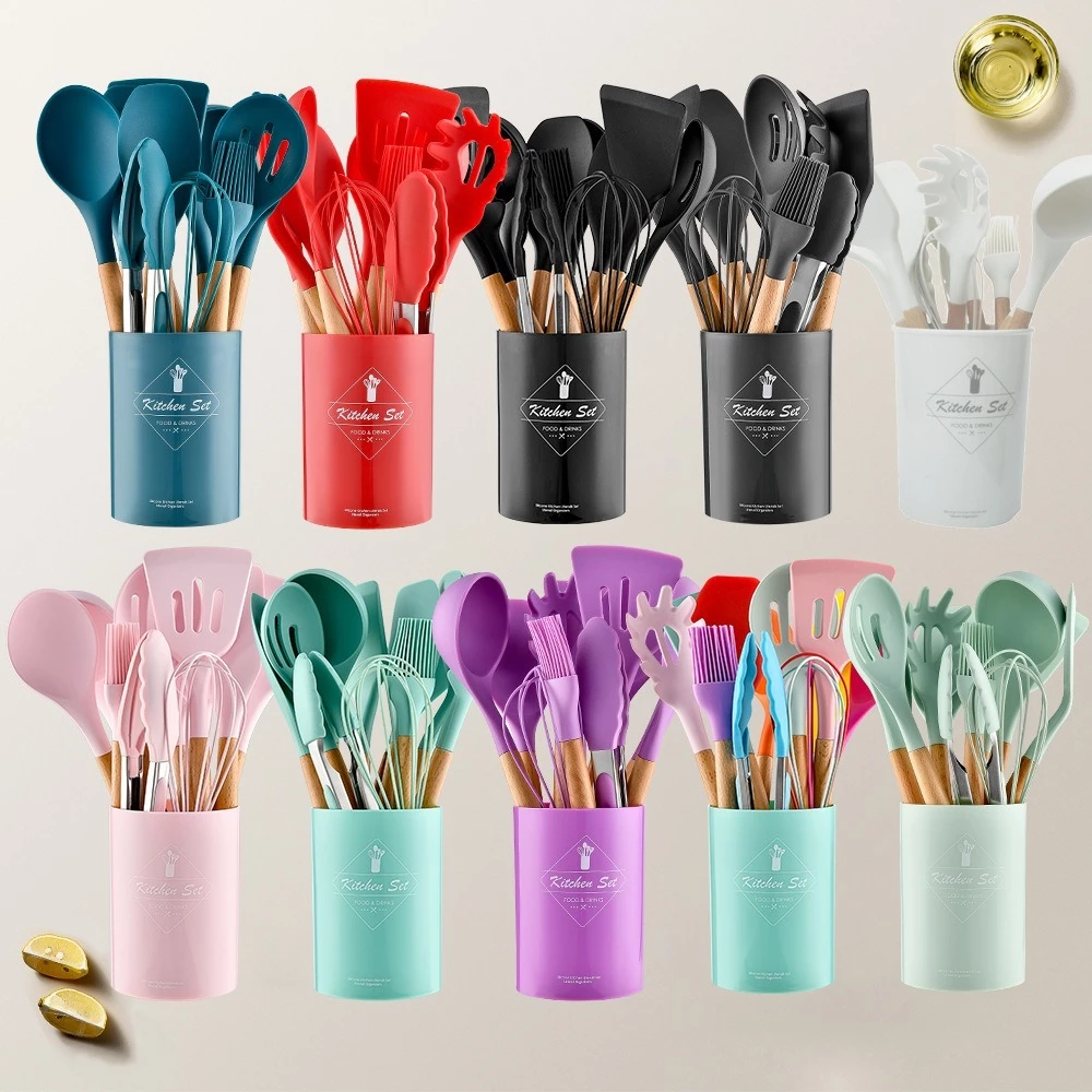 5/12 Peças Utensílios De Cozinha Colheres Espatula Silicone Cabo Madeira Decoração Livre BPA