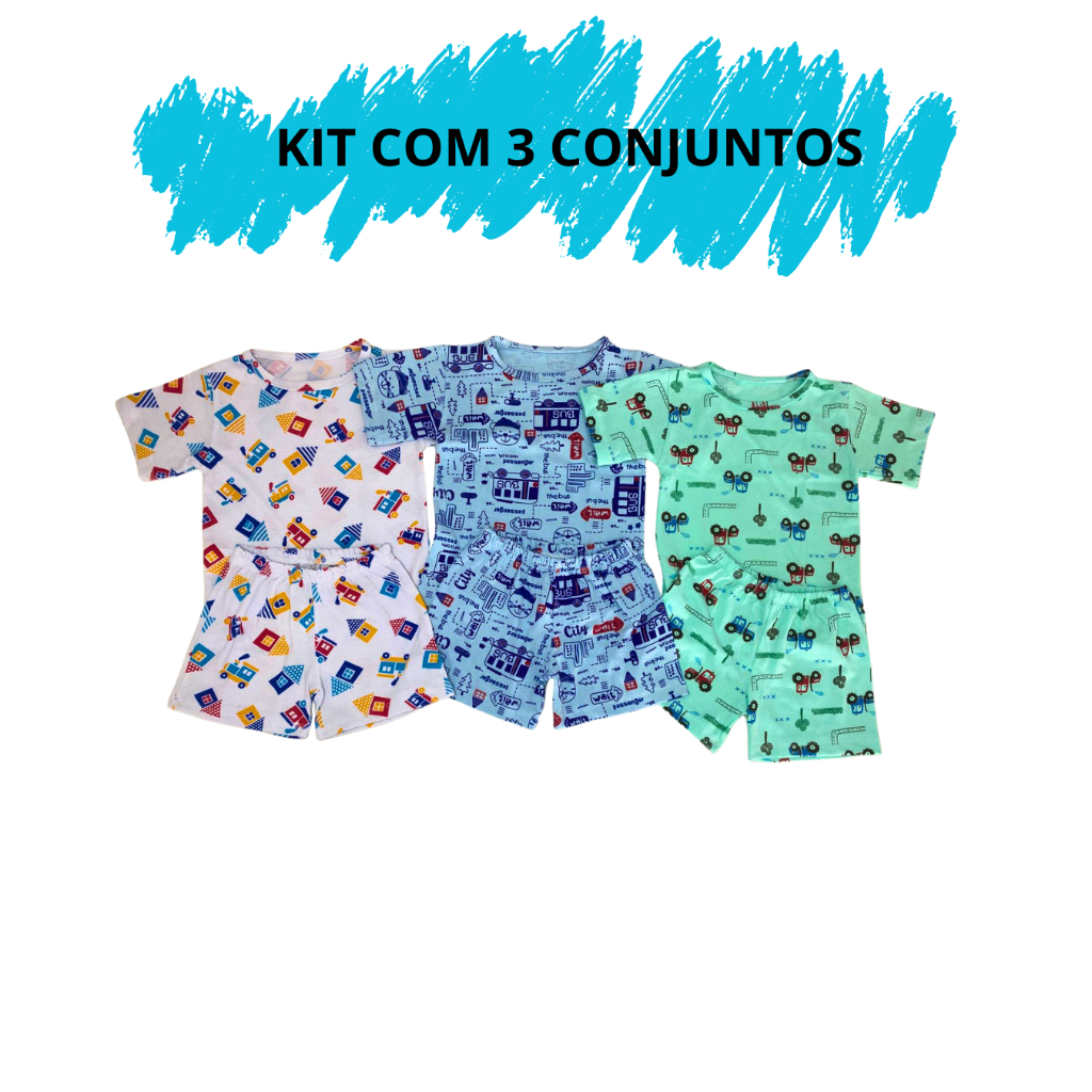 Kit 3 Pijama Infantil Masculino Algodão Menino Manga Curta Short Roupa Dormir Verão Tamanho 2 ao 16