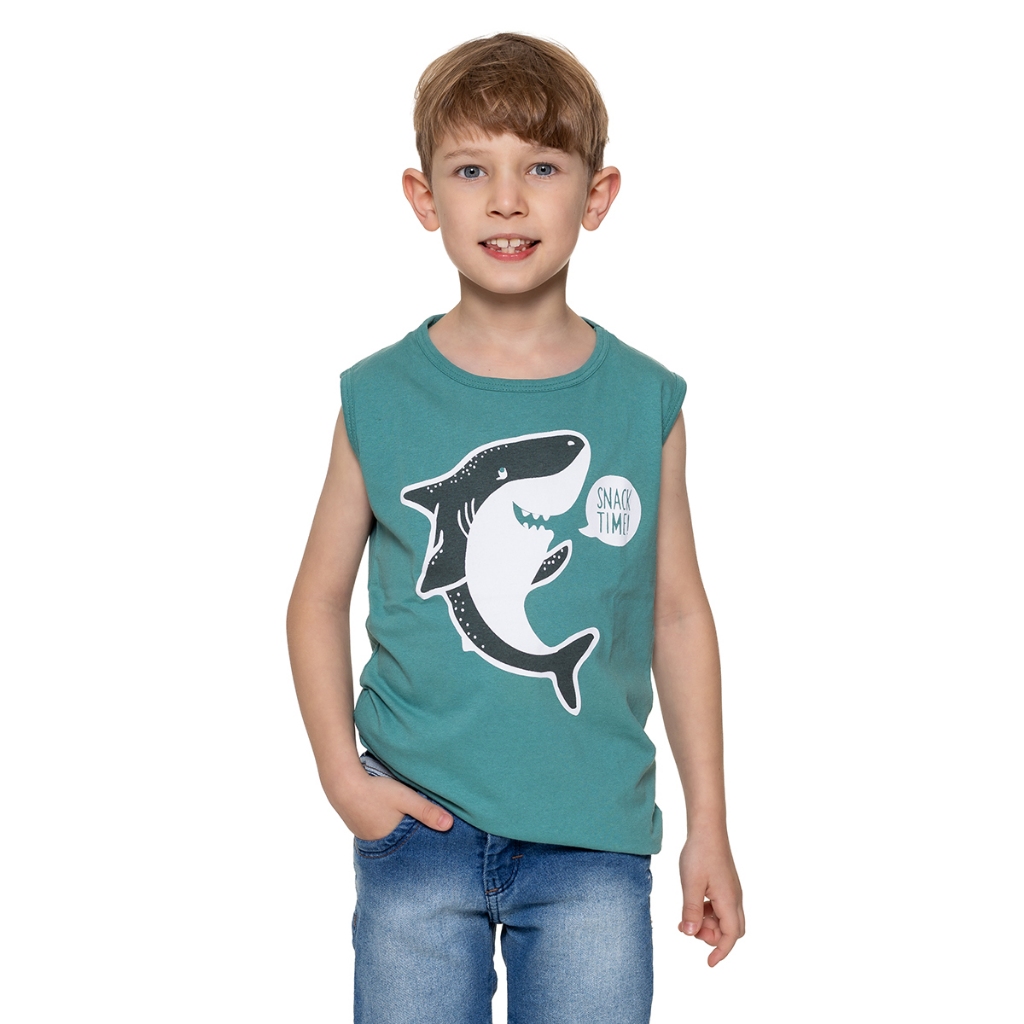 REGATA MACHÃO INFANTIL MENINO 100% ALGODÃO ESTAMPA DINOSSAURO TUBARÃO