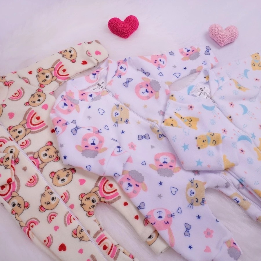 Kit 3 Macacão Para Bebê Feminino Menina em Soft dia a dia Confortável Quentinho