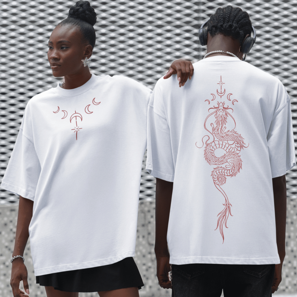 Camiseta Oversized Lua Dragão Lunar Moda Mística Tendência Streetwear Blusa 100% Algodão