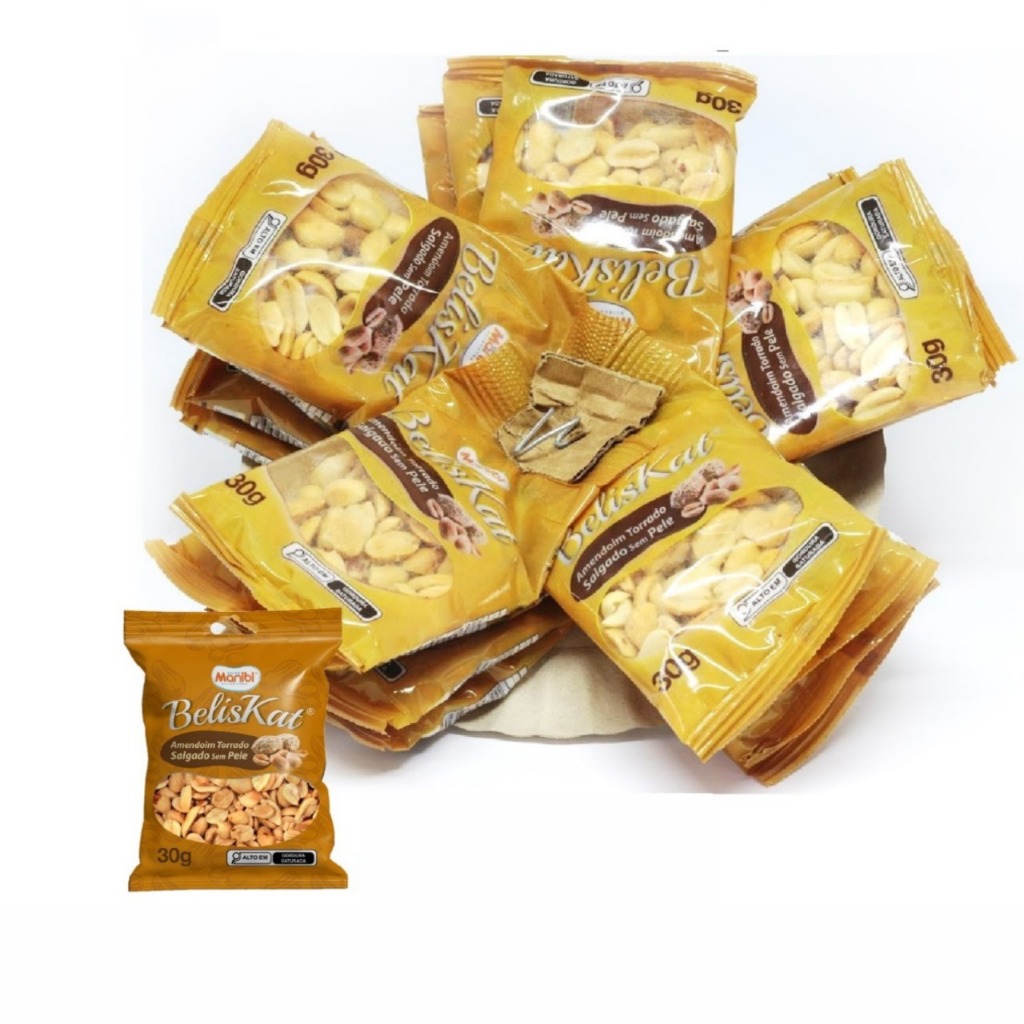 Espeto c/ 20 Pacotes Amendoim Torrado Salgado Sem Pele 30g - Pacote com 600g - Beliskat em Oferta na Shopee