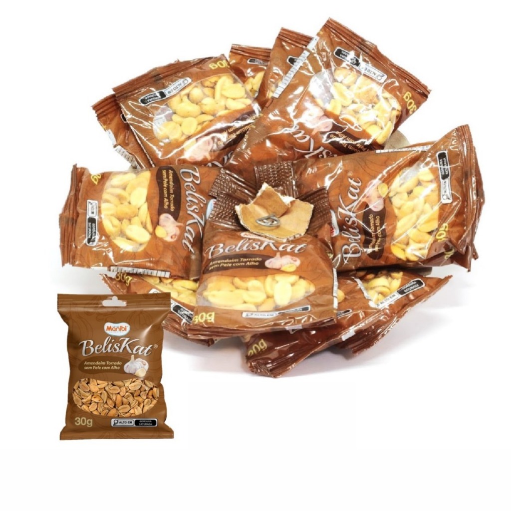 Imagem Espeto c/ 20 Pacotes Amendoim Torrado Salgado Sabor Alho 30g - Pacote com 600g - Beliskat