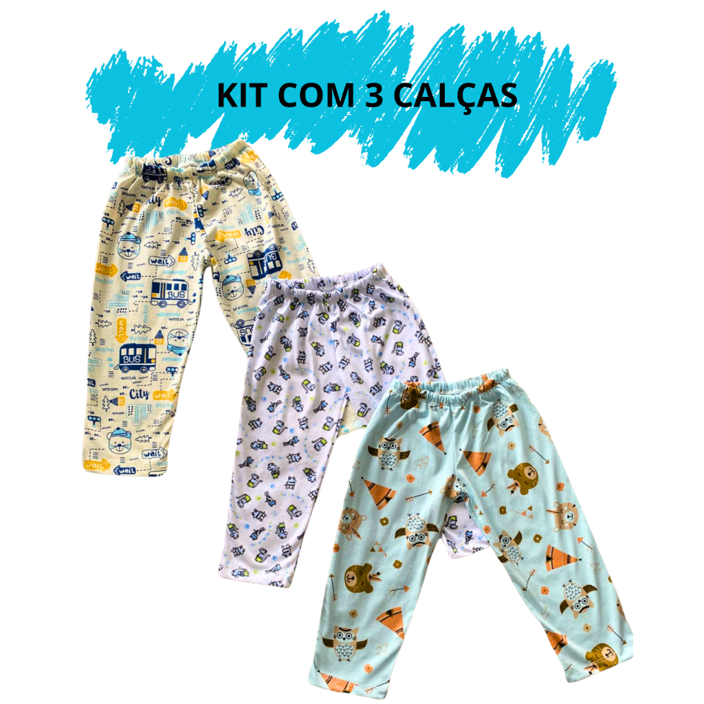 Kit 03 Calça Masculina Avulsa De Pijama Infantil Menino 02 ao 16 100% Algodão Confortável Leve