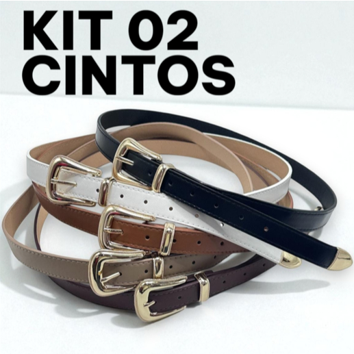 2 Peças Cinto Couro Pu Feminino Fino Fivela De Metal Dourada Moda Atual