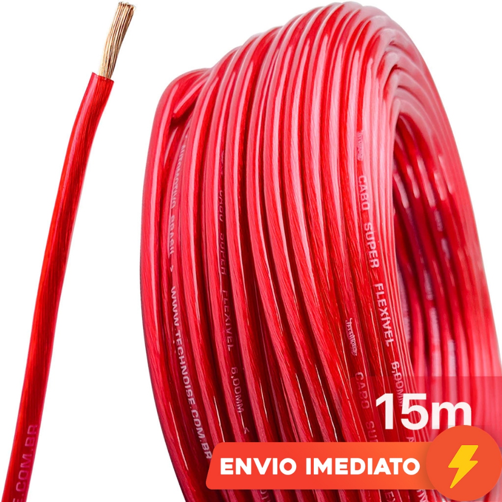 Cabo 6mm Technoise Fio 100% Cobre Som Automotivo 15 Metros