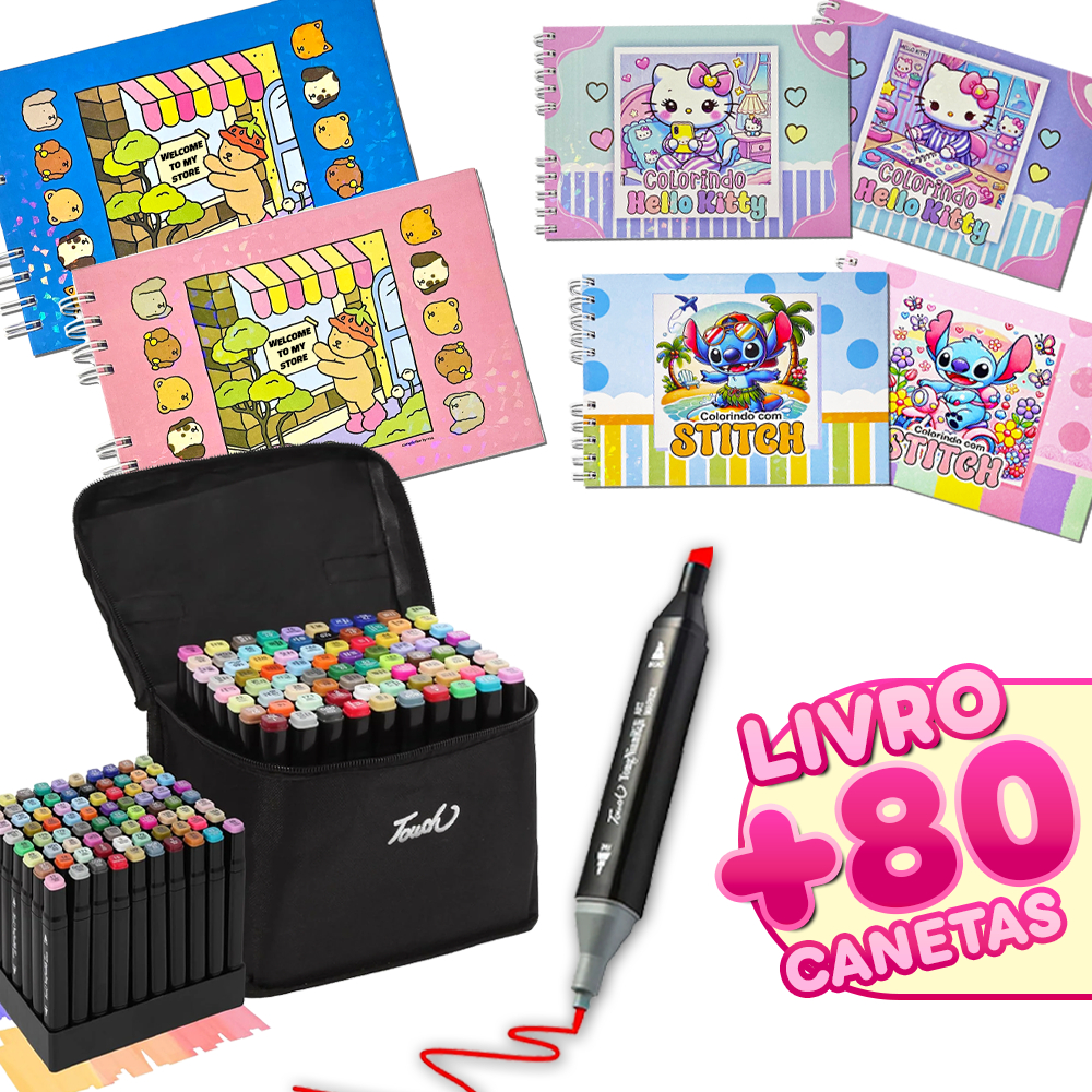 KIT Marcadores + Caderninho para Colorir Capa Dura 50 Folhas de Qualidade Premium 180G