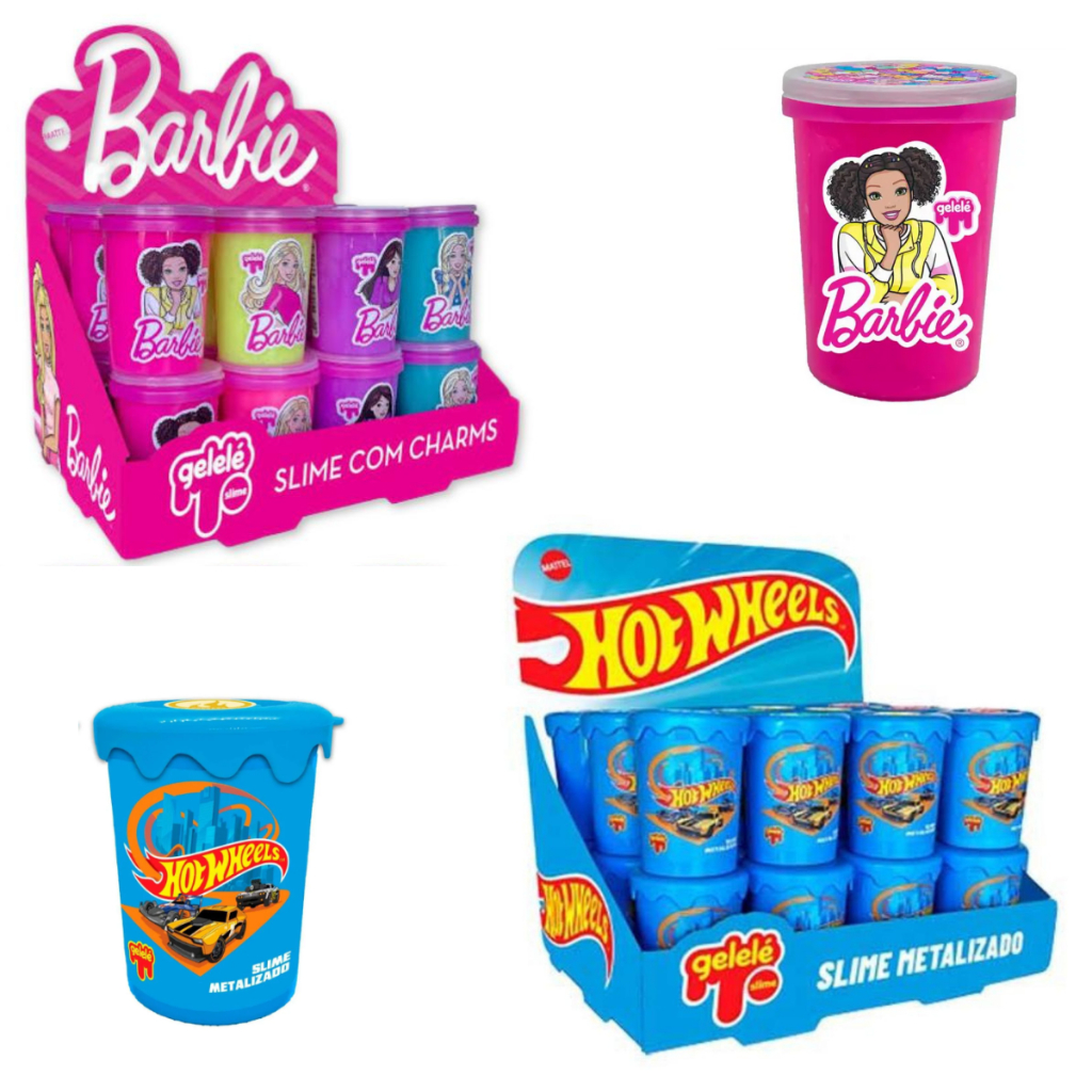 Kit Com 24 Slime Gelele Massinha Coleção Mattel Barbie E Hot Wheels Potinho 180g cada Doce Brinquedo