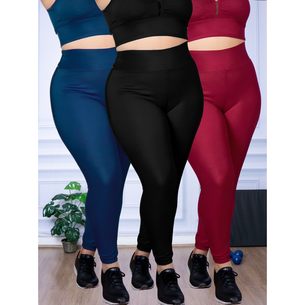 Kit 3 Calças Leg Legging Plus Size Suplex Zero Transparência Academia Fitness
