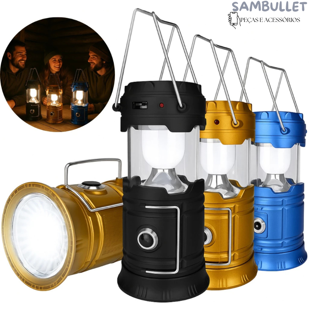 Imagem Lampião Luminária com Carregamento Solar e Usb - Lanterna para Pesca Camping Caça Aventuras
