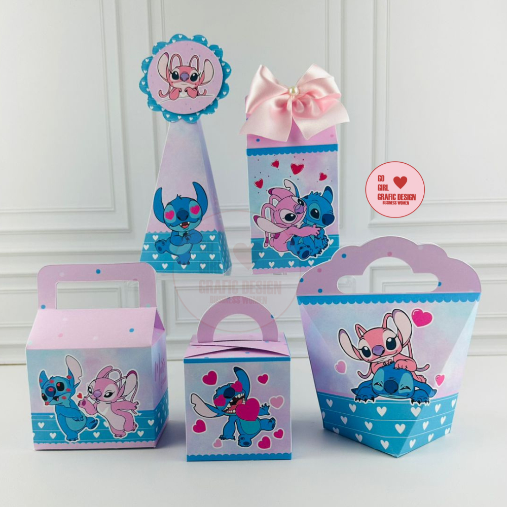 PEGUE E MONTE –Kit festa Lembrancinhas Personalizadas Stitch e Angel Caixinhas Personalizadas - Papelaria Personalizada