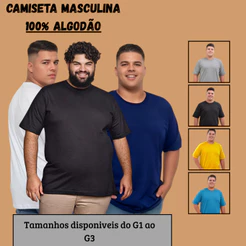 Camiseta Plus size masculina Premium Plus Sise 100% algodão tamanhos grande G1 G2 G3