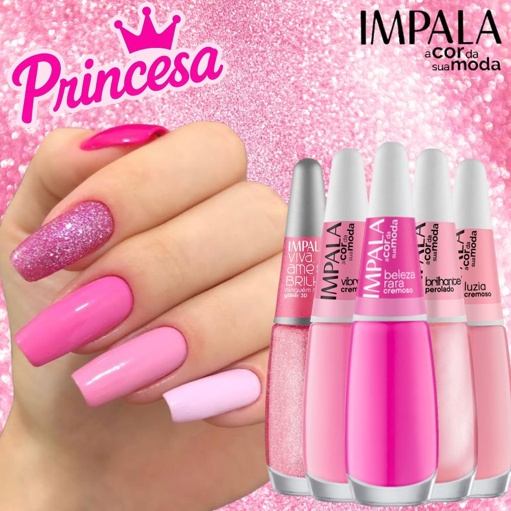 5 Esmaltes Impala Rosa Barbie Princesa Cremoso Glitter Tendência em Oferta na Shopee