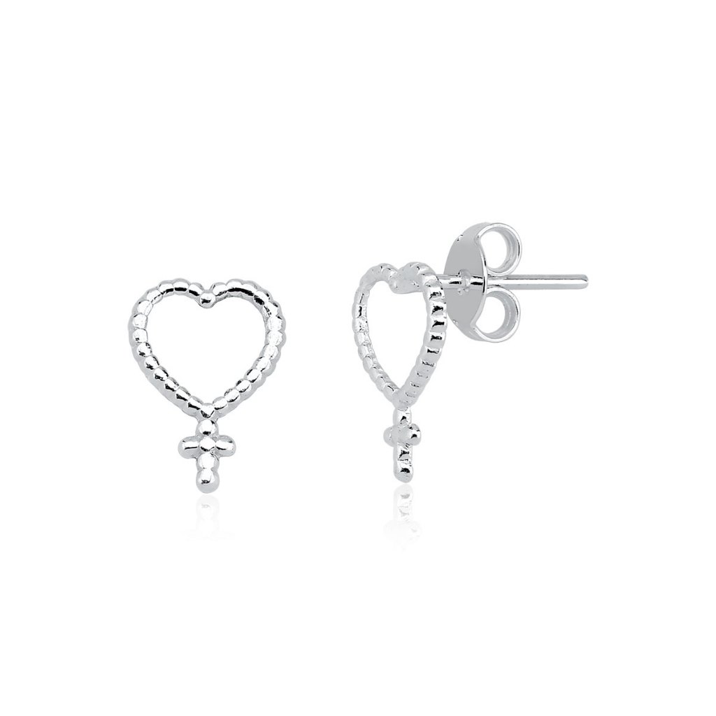 Brinco Feminino de Prata 925 Coração Detalhado e Cruz em Oferta na Shopee