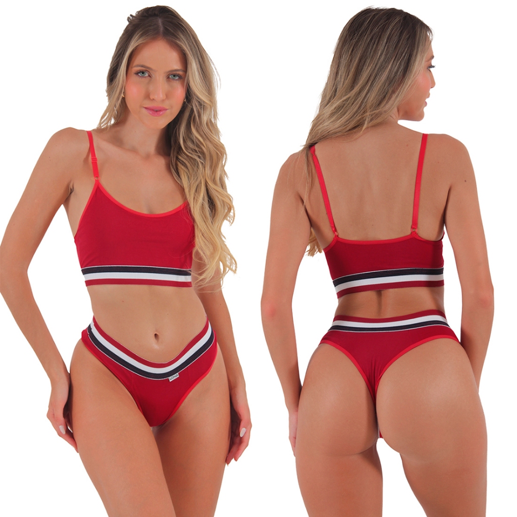 Kit 10 Conjuntos Top + Calcinha Fio Listra Moda Feminina em Oferta na Shopee