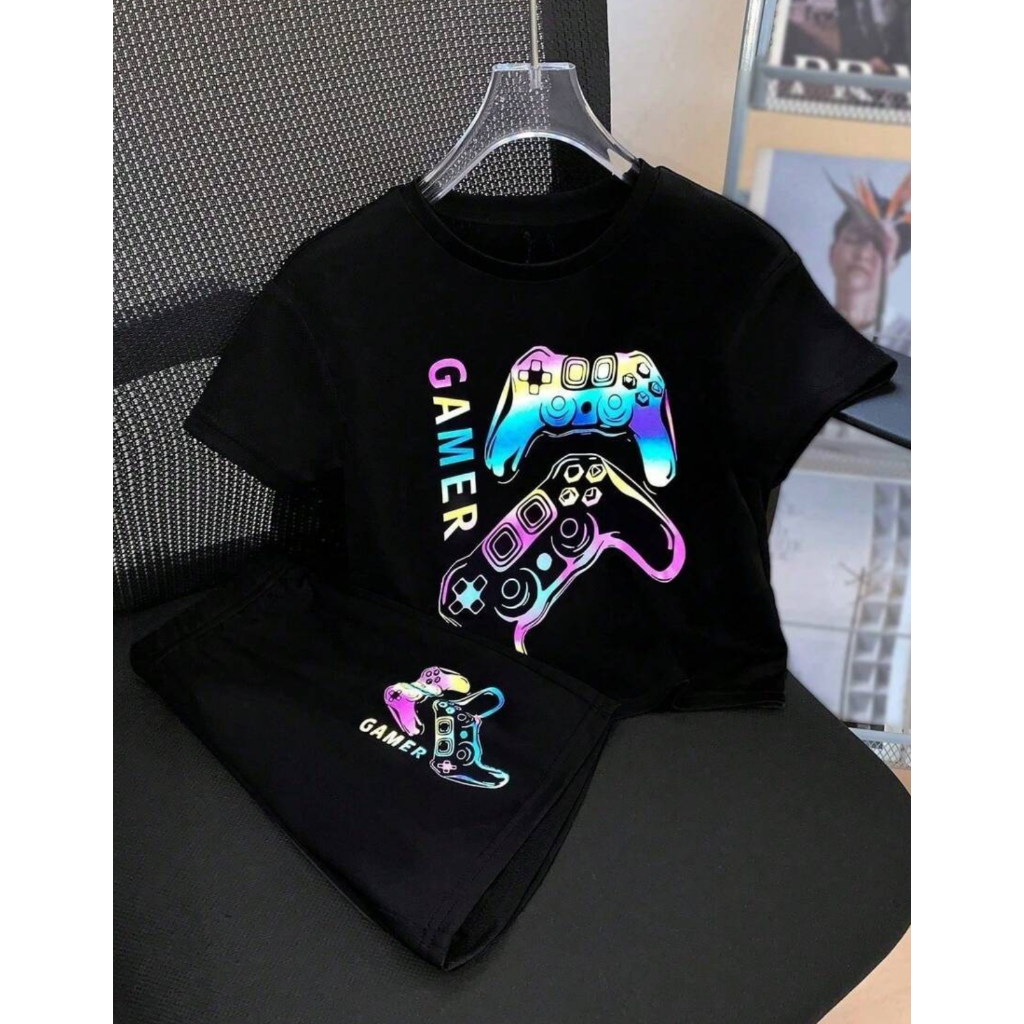 Conjunto Infantil Masculino Gamer Camiseta e Short Estampado Controle Colorido Neon em Oferta na Shopee