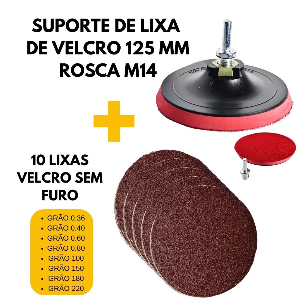 Kit Suporte Lixa Velcro 125mm M14 com 10 Discos Para Furadeira Esmerilhadeira Parafusadeira