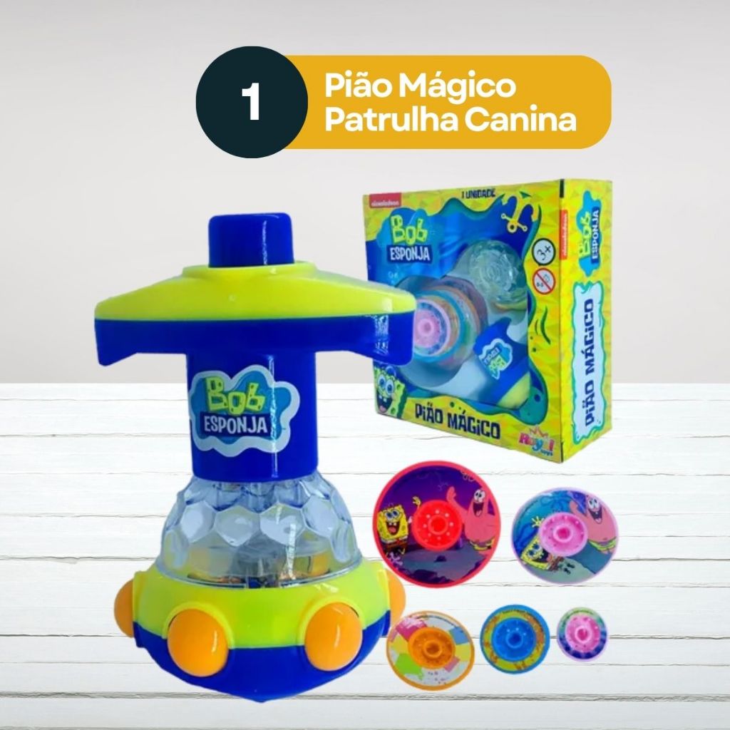 Pião Mágico Bob Esponja Com Luz LED Lançador E 5 Discos Brinquedo Infantil Luminoso