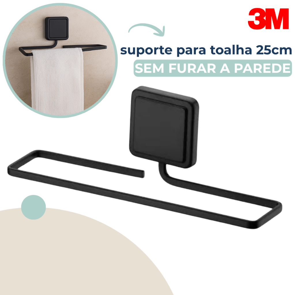 Suporte Porta Toalha Banheiro Adesivo 3M Toalheiro Rosto Lavabo Cozinha Preto Fosco