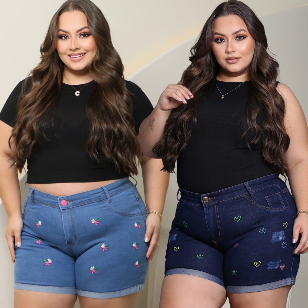 Short Jeans Plus Size com Lycra feminino Bordado Personagem Estampado Cintura Alta em Oferta na Shopee
