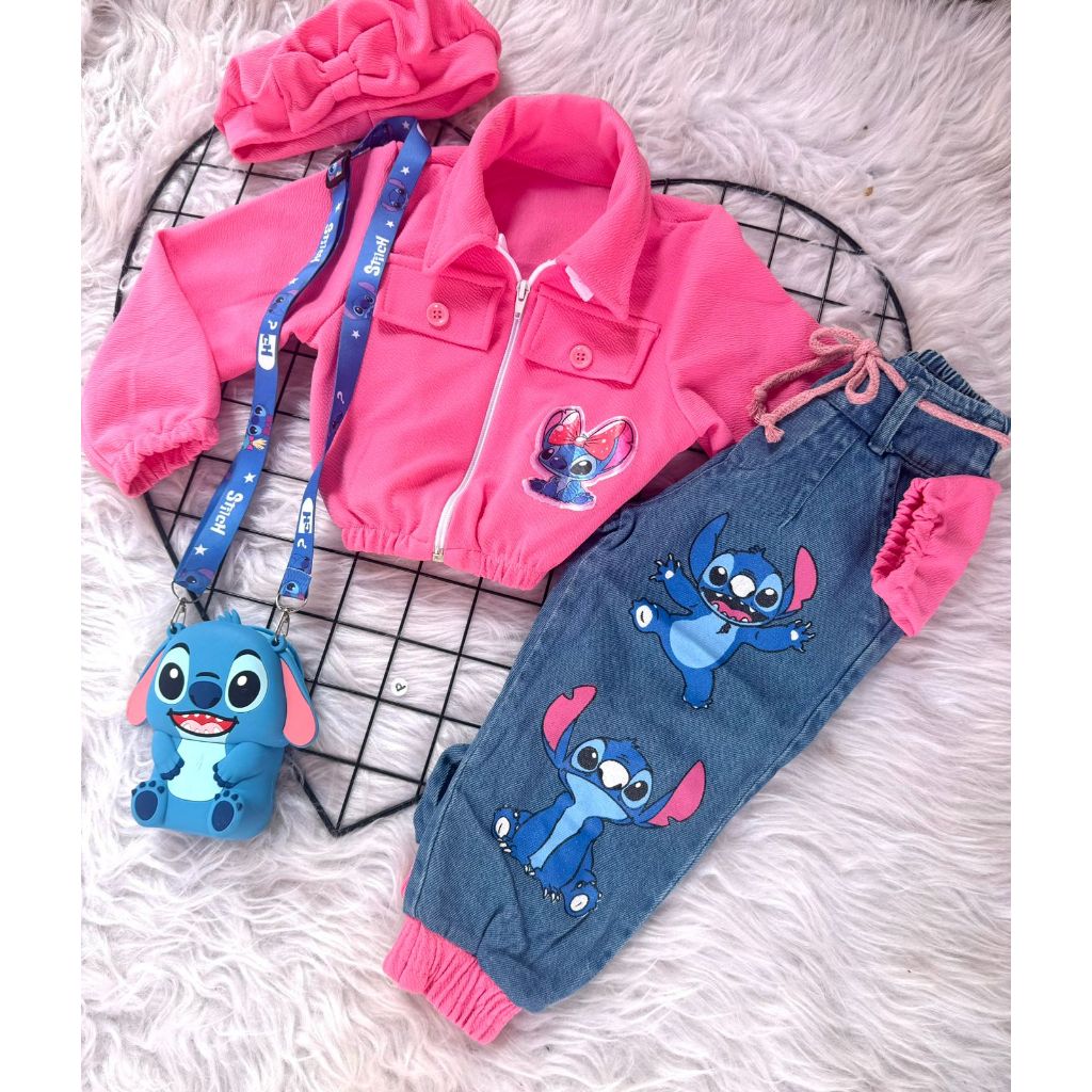 Conjunto infantil  menina stitch menina blogueirinha 4 peças calça jeans em Oferta na Shopee