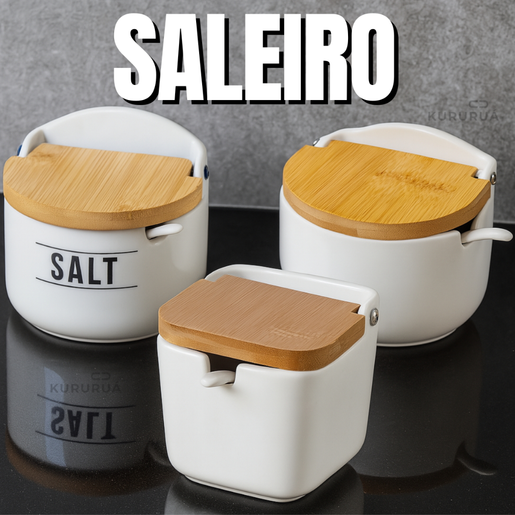 Saleiro De Porcelana Com Colher E Tampa De Bambu