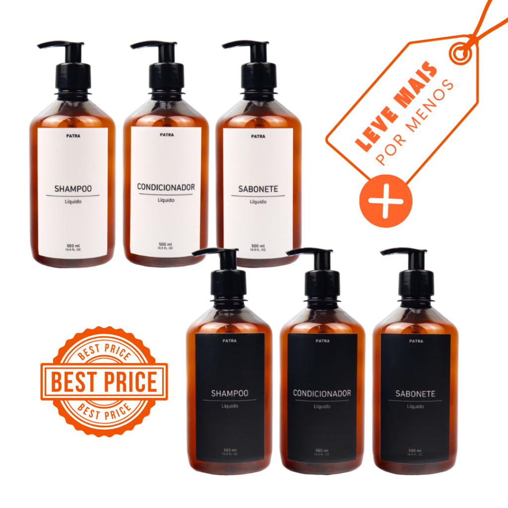 2 Kit Banho Frasco Âmbar 3pçs Shampoo Condicionador e Sabonete líquido Dispenser 500ml Pharma