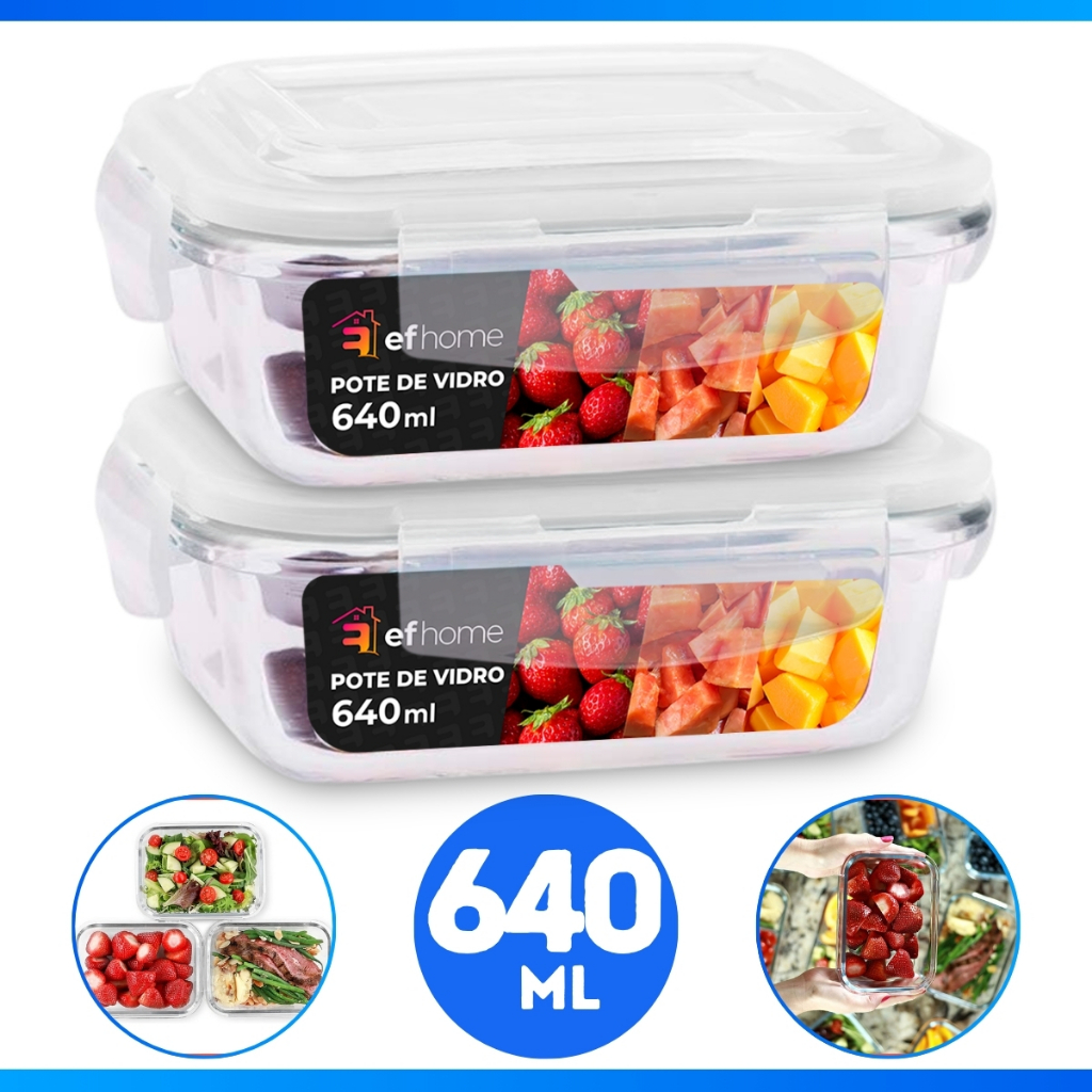 Conjunto 2 Potes 640ml Vidro Hermético 4 Travas Marmita - Frete Grátis - MELHOR DO MERCADO!