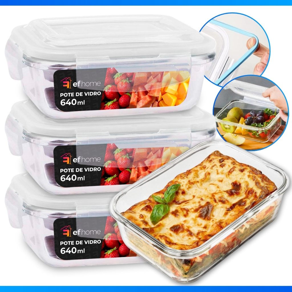 4 Pote De Vidro Hermético Retangular 640ml Tampa Plástica Lancheira Marmita Forno Freezer Armazenar