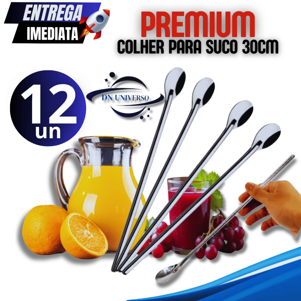 Kit 12 Colher Bailarina Para Mexer Sucos Drinks 30cm Em Aço Inox Casa Cozinha Restaurante Variáveis Utilidades