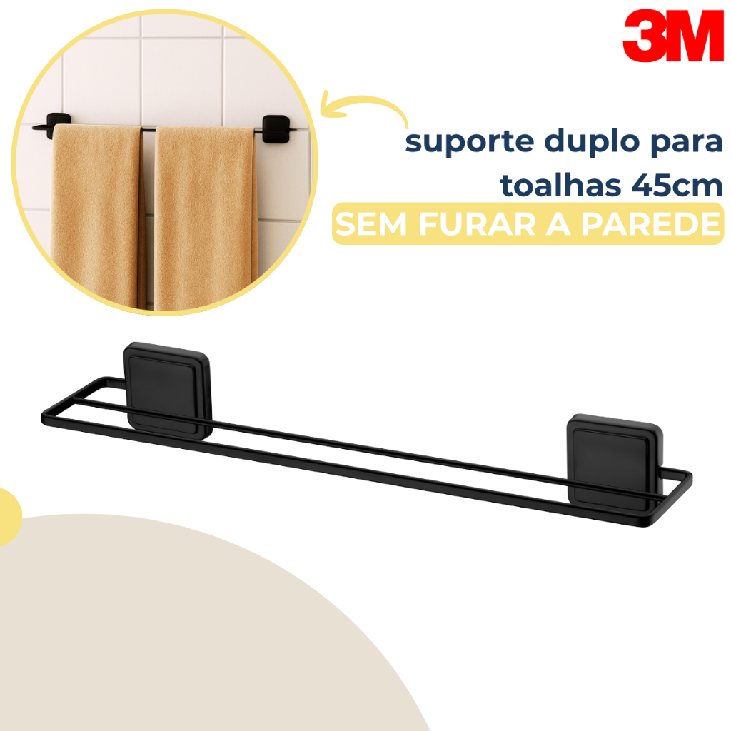 Porta Toalha Banheiro Duplo Toalheiro 45cm Preto Fosco Com Adesivo 3M Future - Home & Living