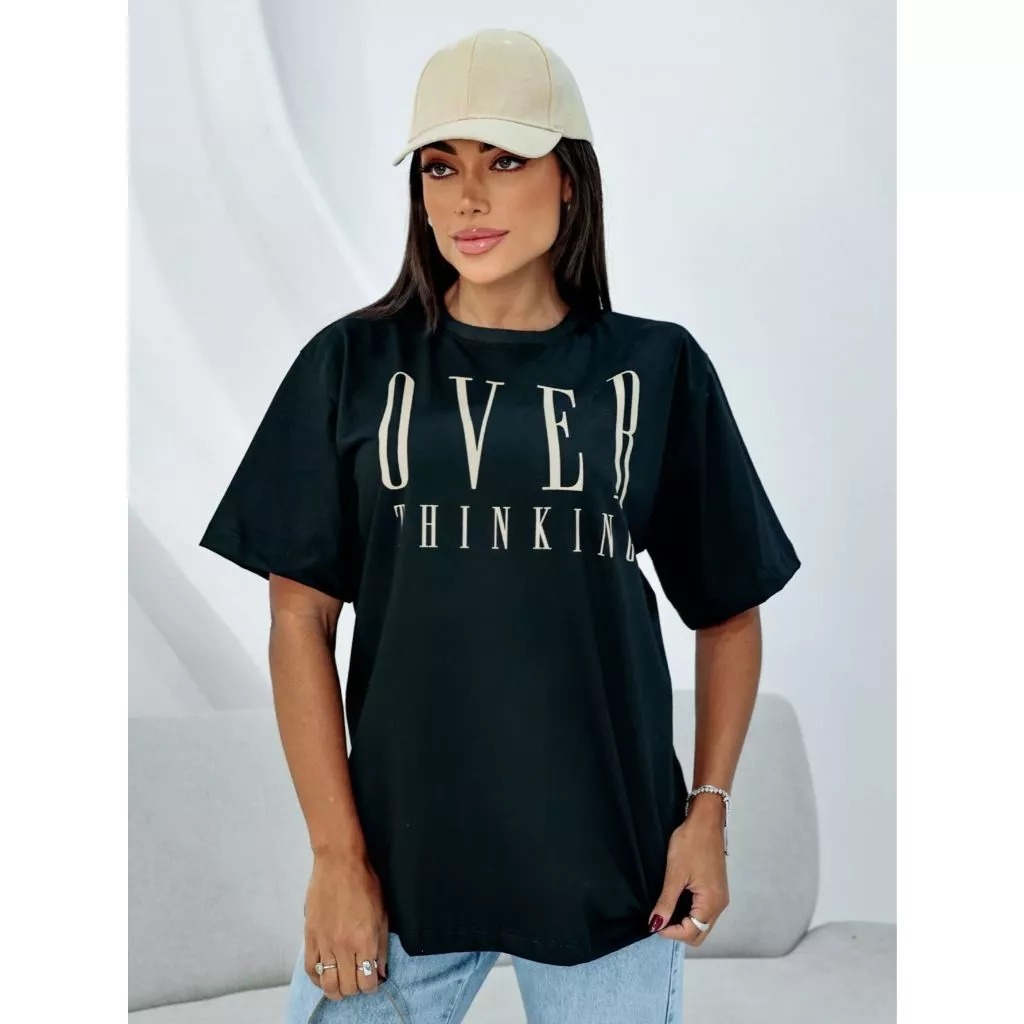 Camiseta Feminina Oversized Over Thinking estilo de Rua Largo Academia Algodão Corte Reto