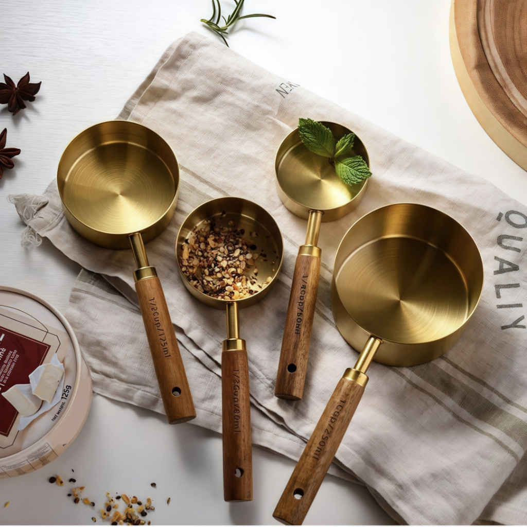 Jogo de Colheres e Copos Medidores em Aço Inoxidável com Cabo de Madeira – Dourado Luxo para Cozinha em Oferta na Shopee