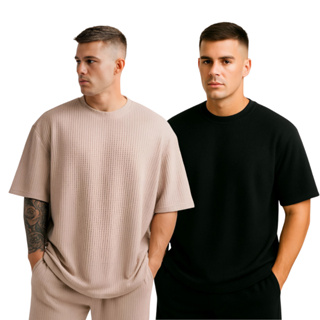 Kit 2 Camiseta Oversized Masculina Texturizada Casual Básica Lisa Premium em Oferta na Shopee