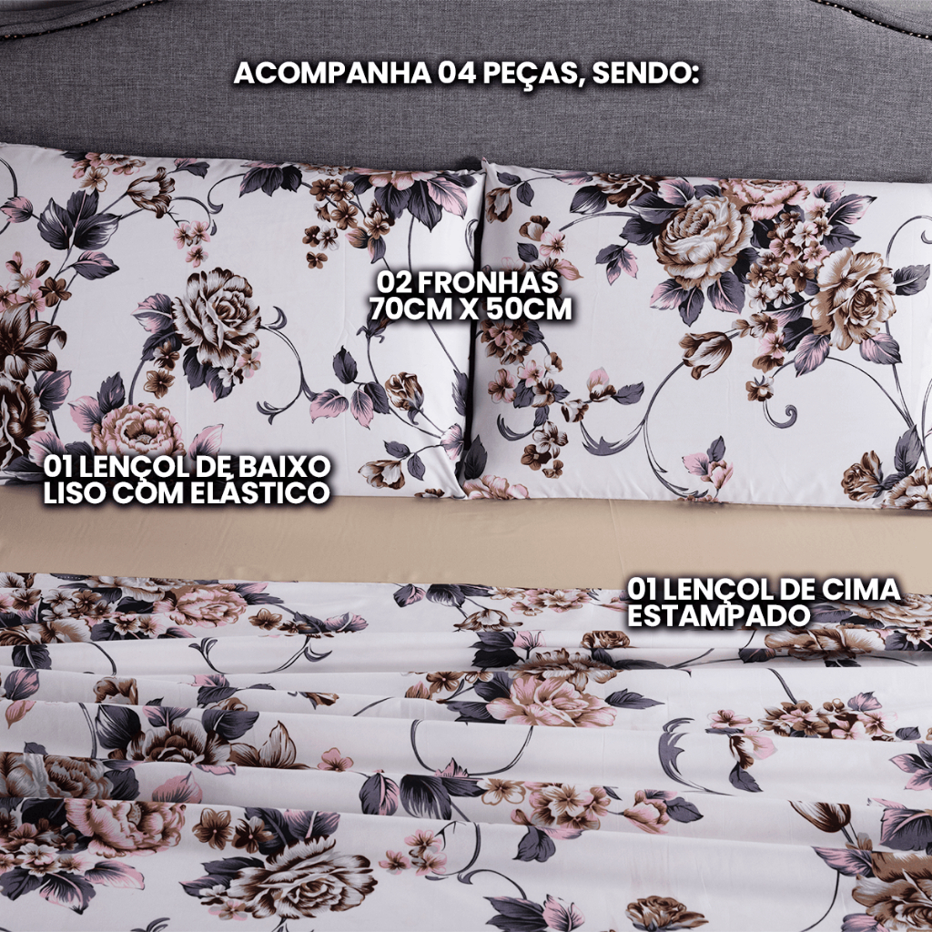 Kit Jogo De Lençol 04 Peças Toque Macio 200 Fios Jogo De Cama Estampado Box Casal Padrão, Queen ou King