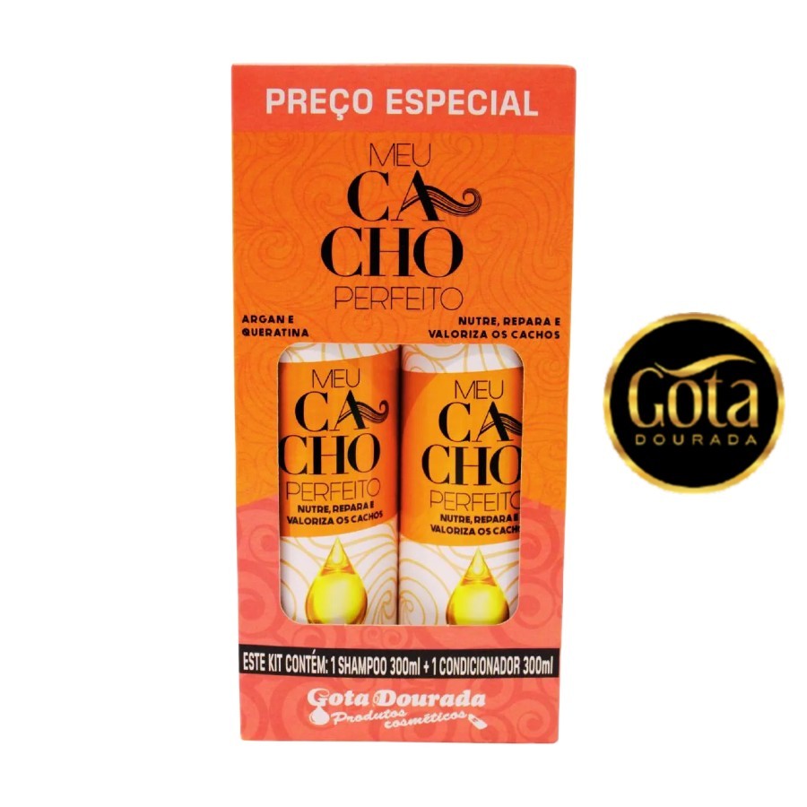 Kit Shampoo e Condicionador 300ml Meu Cacho Perfeito Argan e Queratina Gota Dourada