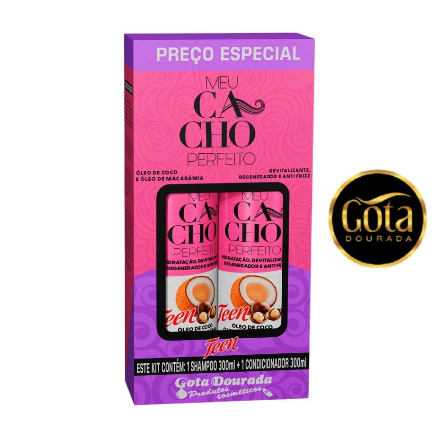 Kit Shampoo e Condicionador 300ml Meu Cacho Perfeito Óleo de Coco e Macadâmia Gota Dourada
